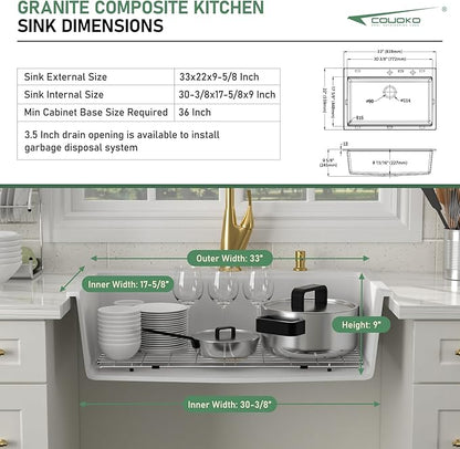 33x22 White Drop In Kitchen Sink Workstation - Couoko White Drop In Granite Composite Kitchen Sinks Quartz Classic Large Deep Topmount Single Bowl Sink Basin with Luxury Accessories