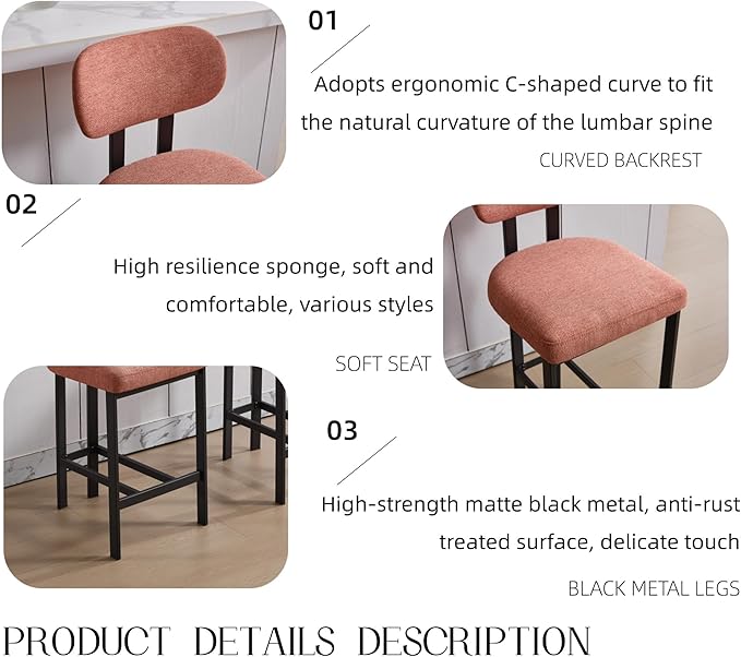 Bar Stools Set of 2, 26 inch Upholstered Fabric Counter Height Bar stools, Kitchen Island Chairs with Black Metal Legs for Dining Room,Kitchen Island,Bar