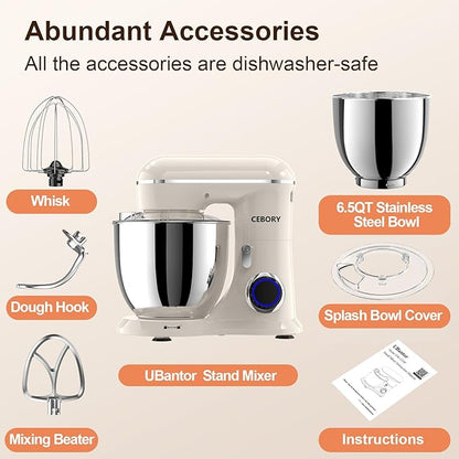CEBORY 3-IN-1 Electric Stand Mixer, 6.5QT Bowl 660W 10-Speed Kitchen Mixer, Household Food Mixers include Dough Hook, Beater and Whisk, Bread Cake Mixer for Baking and Most Home Cooks, Almond Cream