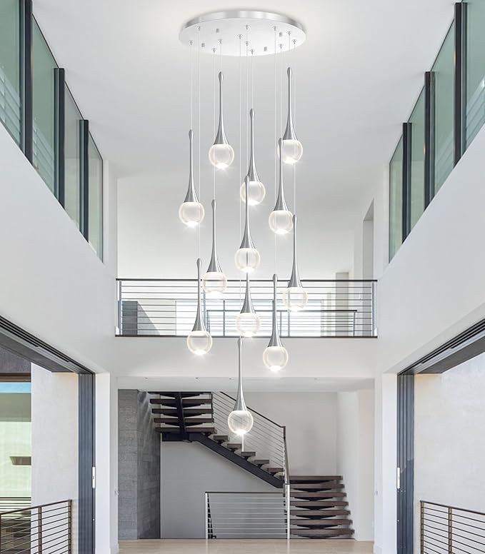 12 Light High Ceiling Crystal Chandelier Dimmable LED Pendant Lights with Remote Adjustable Chandeliers for Foyer Staircase Living Room Silver