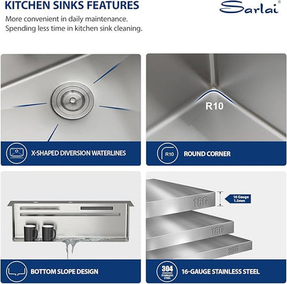 Sarlai 31 Inch Waterfall Kitchen Sink Drop In - 31x20 Waterfall Sink Ledge Workstation Stainless Steel 16 Gauge Multifunction Single Bowl Top Mount Kitchen Basin with Faucet Combo