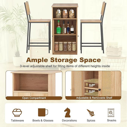 COSTWAY 3-Pcs Kitchen Table & Chairs Set, High Top Bar Table with 2 Stools, Storage, Adjustable Shelf, Metal Frame, Counter Height Dining Room Set for 2, Boho Rattan Table Set for Living Room, Study