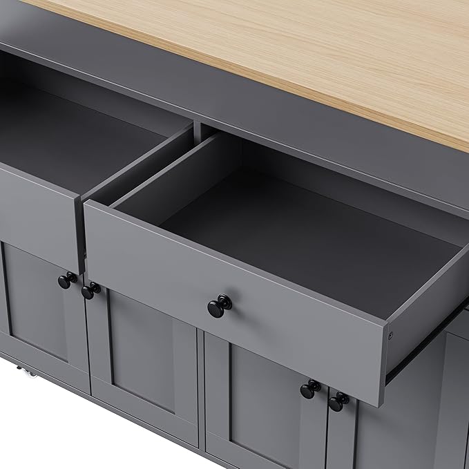 74.5 Inch Kitchen Island with Extendable Dining Table, Rolling on Wheels, Spice Rack, 2 Drawers, 4 Door Cabinet(Gray)