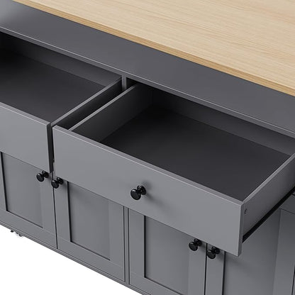 74.5 Inch Kitchen Island with Extendable Dining Table, Rolling on Wheels, Spice Rack, 2 Drawers, 4 Door Cabinet(Gray)