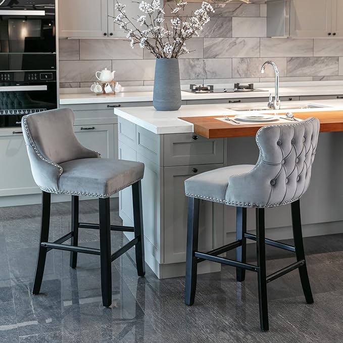 Rhomtree Elegant Button Tufted Upholstered Fabric Bar Stools with Nailhead Trim, Dining Side Chair, Leisure Padded Chairs with Solid Wooden Legs Home Kitchen Island Wooden Bar Chairs (Grey, Set of 2)