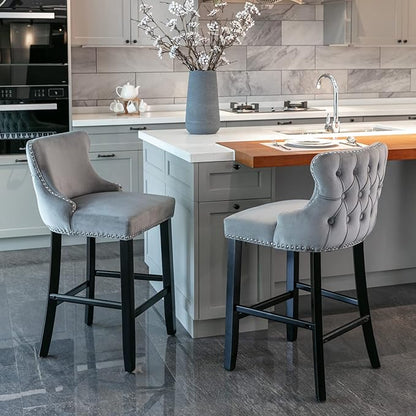 Rhomtree Elegant Button Tufted Upholstered Fabric Bar Stools with Nailhead Trim, Dining Side Chair, Leisure Padded Chairs with Solid Wooden Legs Home Kitchen Island Wooden Bar Chairs (Grey, Set of 2)