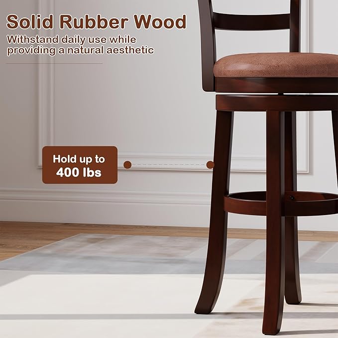 Giantex Swivel Bar Stools Set of 2, 30" Upholstered Counter Height Bar Chairs w/High Backrest, Faux Leather Seat, Solid Rubber Frame & Wrap-Around Footrest, Wooden Barstools for Kitchen Island, Pub