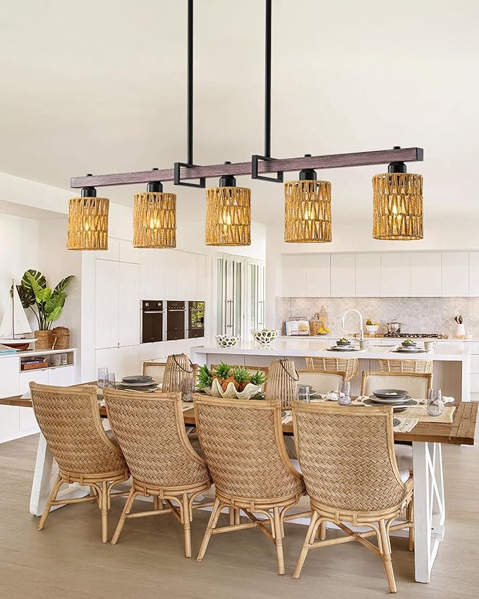 5-Light harmhouse Kitchen Island Light Fixture, Linear Chandelier for Dining Room, 5-Light Rustic Pendant Light Over Table, Handmade Woven Farmhouse Wicker Chandelier