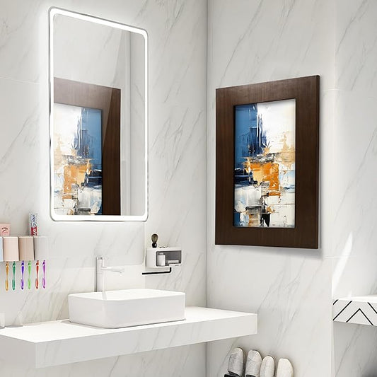Concealed Medicine Cabinet 14×18 Recessed, Picture Frame Medicine Cabinet, Farmhouse White Wood Frame, 2 Shelves, 100% Handmade, Fully Assembled Wall Niche Insert for Bathroom (Espresso)