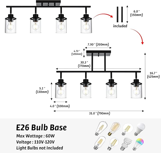 4 Lights Ceiling Light Fixtures with Flexibly Rotatable Light Head Black Bathroom Lights Modern Complete Track Lighting Kits with Clear Glass Shade, E26 Base