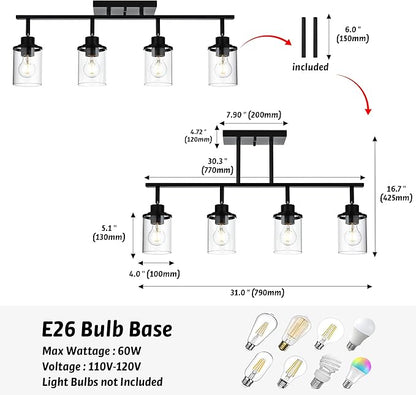 4 Lights Ceiling Light Fixtures with Flexibly Rotatable Light Head Black Bathroom Lights Modern Complete Track Lighting Kits with Clear Glass Shade, E26 Base