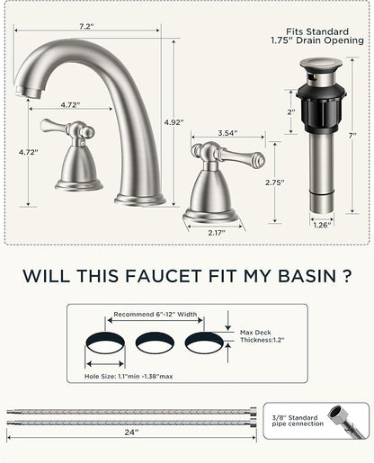 FORIOUS Faucet for Bathroom Sink 3 Hole,Brushed Nickel Bathroom Faucet Widespread with Pop Up Drain and Water Hose Supply, 2 Lever Handles Design,for Comercial Vanity RV Camper Sink