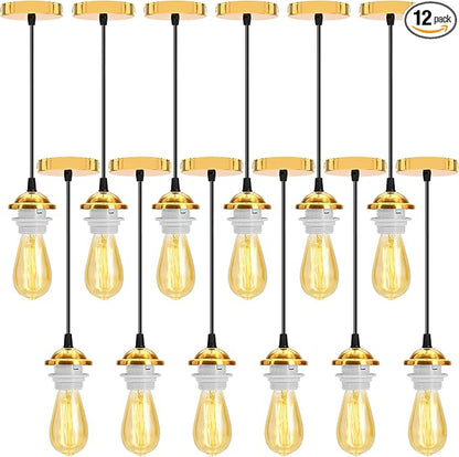 12 Pack Industrial Mini Pendant Light Kit Bulk, UL E26/E27 Lamp Socket 3.28 ft Adjustable Hanging Light Cord Kit Edison Vintage Retro Ceiling Lamp Fixture for Kitchen Bar Decor(Gold)