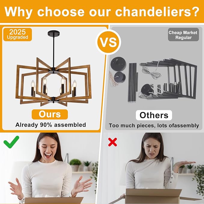 27.6" Chandelier for Dining Room, 8-Light Wood Grain Farmhouse Dining Room Light Fixture Over Table, Industrial Hanging Pendant Lights Fixture for Kitchen Island, Living Room, Foyer, Entryway