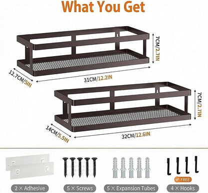 PUSDON 2-Pack Minimalist Shower Caddy Wall Mount, Open Frame Bathroom Shelf Organizer with Mesh Base, Rustproof Floating Spice Rack for Kitchen, Holds 50 LBS, 4 Hooks - Vintage Bronze, Guardrail