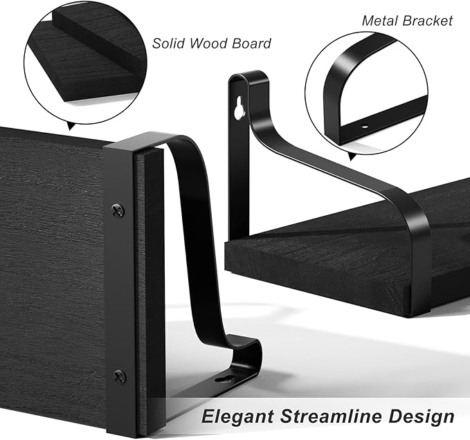 Love-KANKEI Floating Shelves Wall Mounted Rustic Wood Wall Shelves Set of 3 for Bedroom Living Room Bathroom Kitchen Black