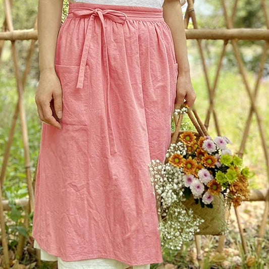 Cityelf Cotton Linen Half Apron for Women Vintage Waist Apron Ruffle Plain Bright Color for Cooking Painting Artwork