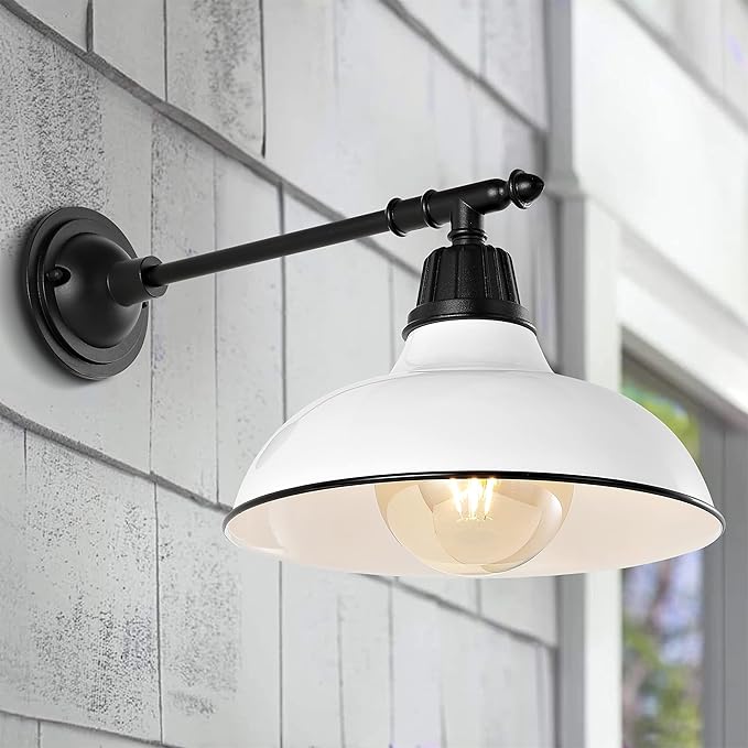 JONATHAN Y 12.25" White/Black 1-Light Industrial Farmhouse Outdoor Sconce, Iron Wall Light with LED Bulb, Metal Bowl Shade, Vintage Porch Lamp for Entryway Patio Kitchen JYL7615A