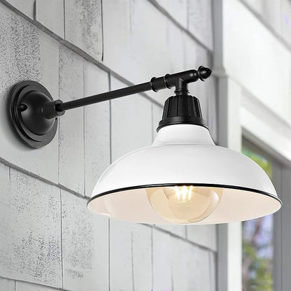 JONATHAN Y 12.25" White/Black 1-Light Industrial Farmhouse Outdoor Sconce, Iron Wall Light with LED Bulb, Metal Bowl Shade, Vintage Porch Lamp for Entryway Patio Kitchen JYL7615A