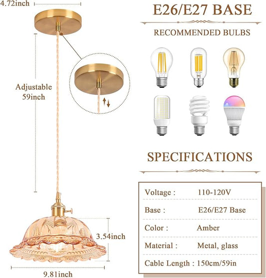 Vintage Pendant Light, 9.81" Amber Pendant Lights Kitchen Island Pendant，Glass Chandelier for Dining Living Room Restaurant Bedroom Foyer Entryway Bulb Included