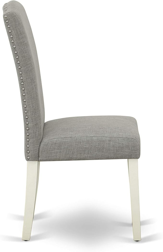 East West Furniture ENP2T06 Encinal Parson Dining Chairs - Nailhead Trim Dark Shitake Linen Fabric Padded Chairs, Set of 2, Linen White