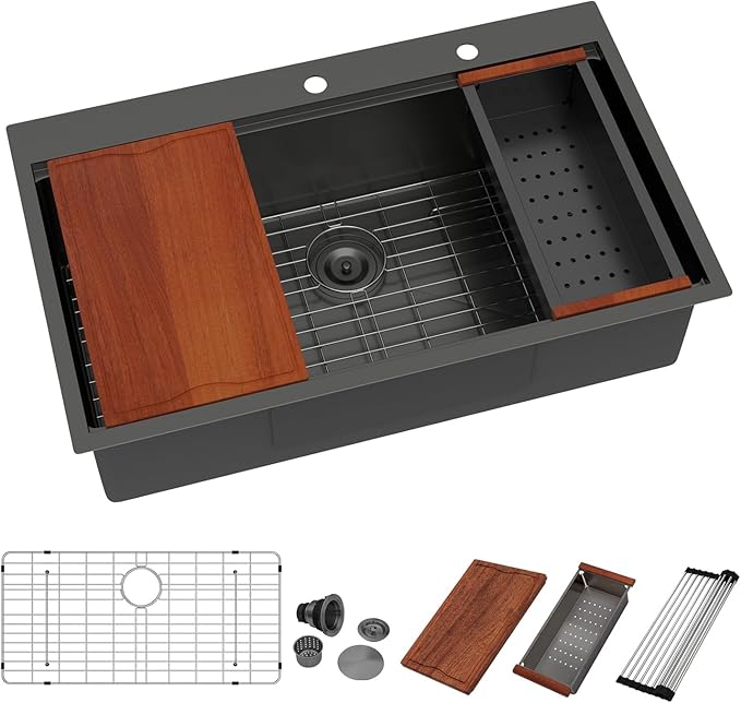 Dcolora 36 Inch Black Kitchen Sink Workstation Drop In Single Bowl Large Sink 16 Gauge Stainless Steel Nano PVD Coating Topmount With Round Corners, #DC-T8864