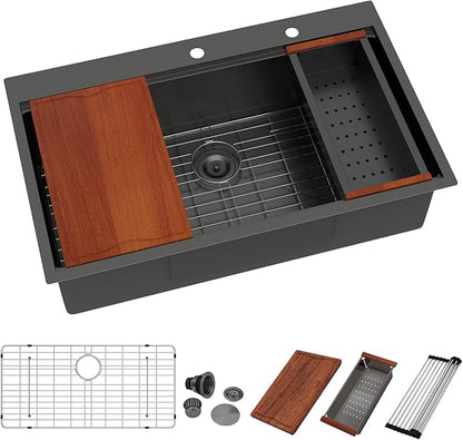 Dcolora 36 Inch Black Kitchen Sink Workstation Drop In Single Bowl Large Sink 16 Gauge Stainless Steel Nano PVD Coating Topmount With Round Corners, #DC-T8864
