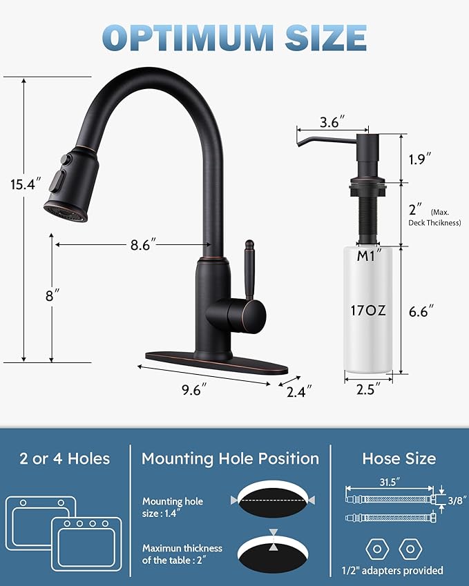 Bronze Kitchen Faucet with Soap Dispenser, WOWOW Stainless Steel Kitchen Faucet for Sink 2 or 4 Hole, High Arc Vintage Kitchen Sink Faucet with Pull Down Sprayer