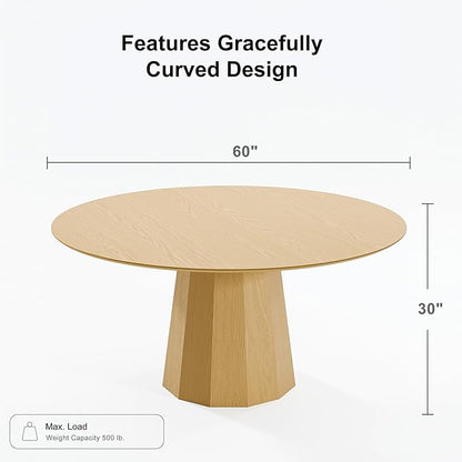 Casaphoria 60" Round Dining Table, Modern Wood Kitchen Table with Cone Shaped Strip Polygonal Base for Living Room & Dining Room, Easy Assembly Farmhouse Furniture for 4-6, Oak