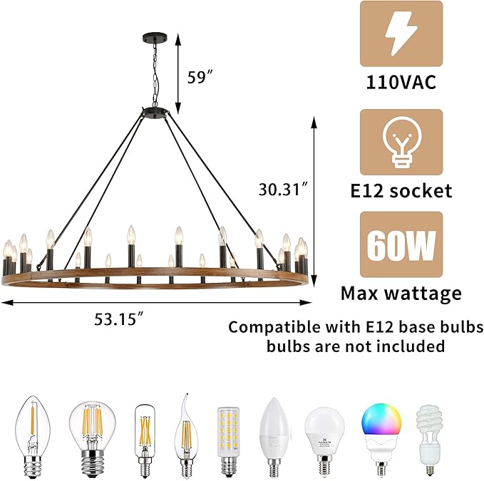24-Light Wagon Wheel Chandelier Farmhouse, 54 Inch Large Chandeliers for High Ceilings, Modern Rustic Farmhouse Chandelier for Dining Room, Living Room, Entryway, Black&Khaki