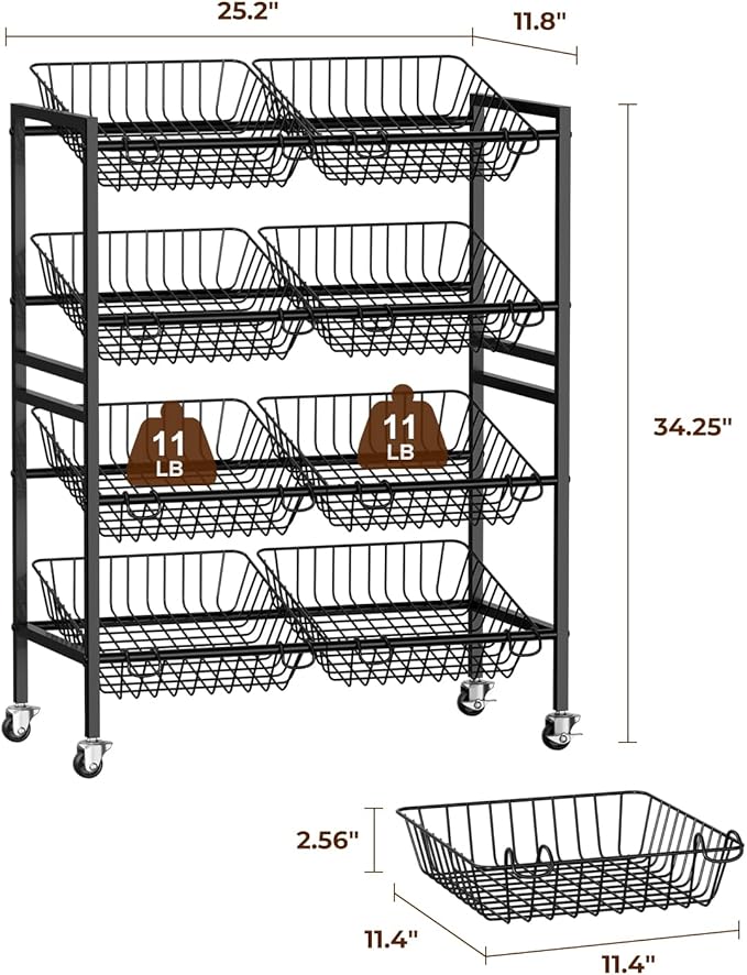 Evermagin 25.2''W Kitchen Storage Cart, Rolling Snack Cart, 4 Tier Fruit Basket Vegetable Stand, Metal Pantry Storage Organizer with 8 Removable Baskets for Onion Potato, Black