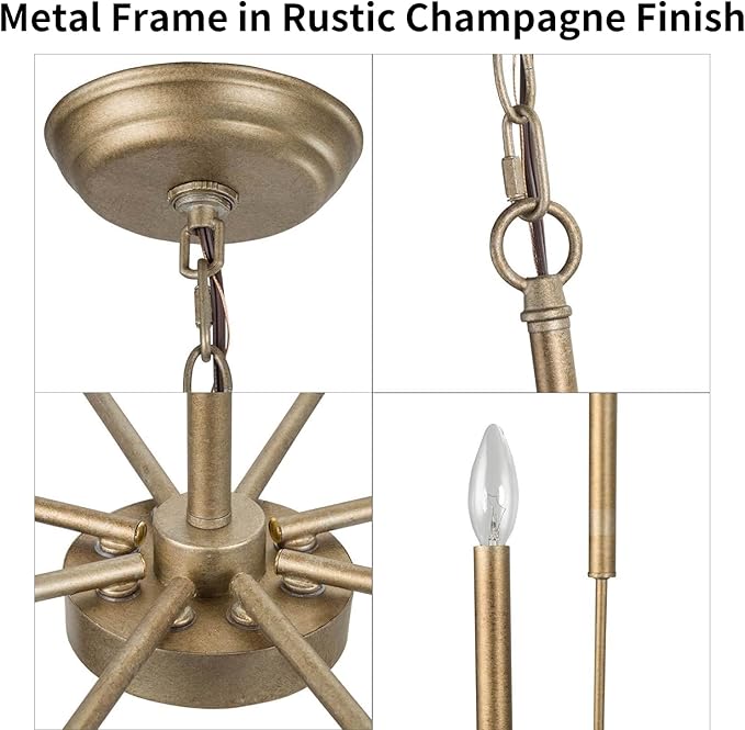 Antique Gold Chandelier, Modern Dining Room Lighting Fixture, 8-Light Candle Style Hanging Chandelier for Living Room, Bedroom, Kitchen Island, Foyer, Dia 27”