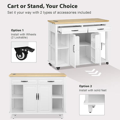 GOWE K&K 47 inch Kitchen Island with Extendable Dining Table, Rubber Wood Veneer Kitchen Table with Internal Storage Rack, Power Outlet, Kitchen Island with Storage 2 Drawers 2 Cabinet,White