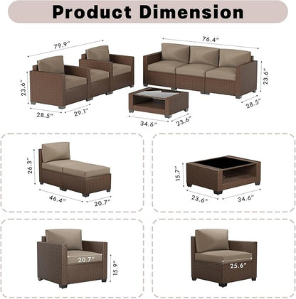 Patio Furniture Set, 7-Piece Outdoor Sectional Couch with Coffee Table & Thick Cushions, Outdoor Wicker Conversation Set for Backyard, Poolside, Garden (Brown-Camel, 7 Piece-Double)