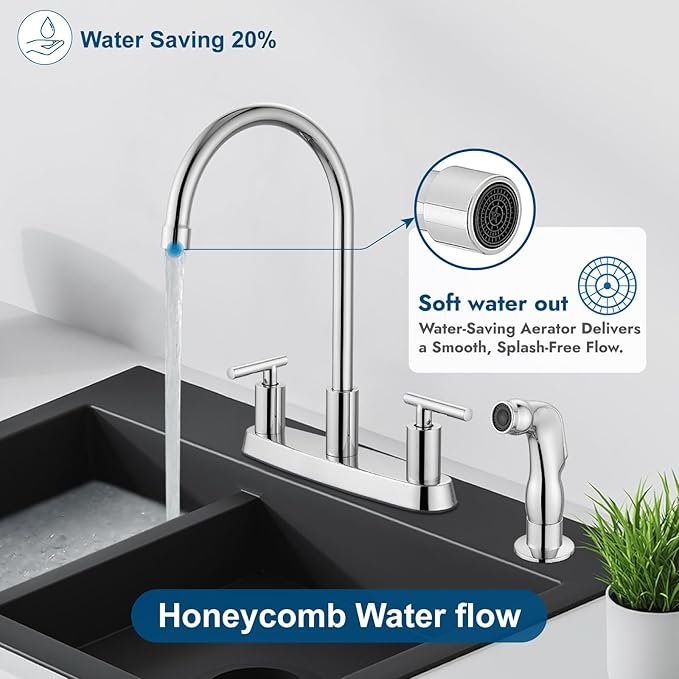 Kitchen Faucets, High Arc 360°Rotating Spout Kitchen Sink Faucet, 2 Handle 8 Inch Centerset RV Kitchen Faucet with Supply Lines, 3 or 4 Hole Kitchen Faucet with Side Sprayer, Polish Chrome