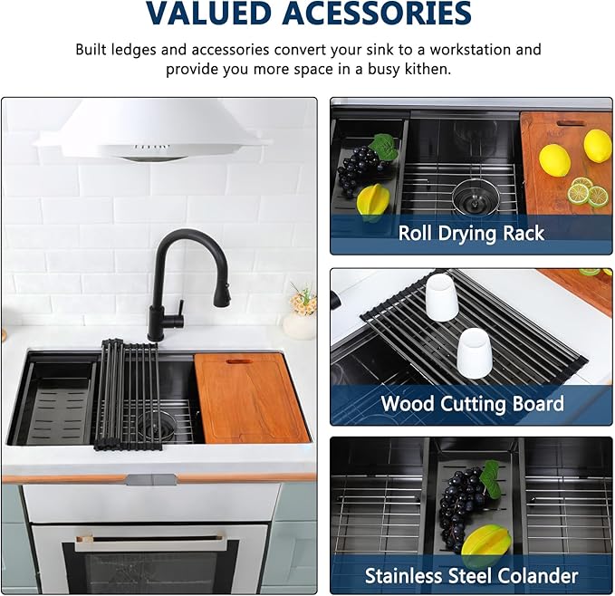 HOTIS 32 Inch Black Undermount Kitchen Sink Workstation, 32x18 Inch Large Outdoor Single Bowl Prep Sink, Stainless Steel T304 16 Gauge Deep Kitchen Sinks with Cutting Board Accessories