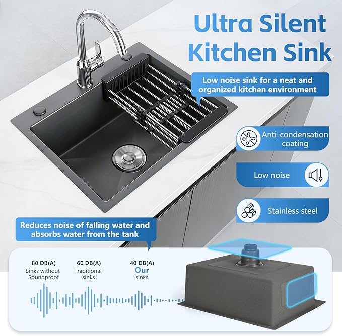 Black Kitchen Sink, Stainless Steel Single Bowl Sink, Drop In/Topmount Workstation Sink with Retractable Drain Basket, for Bar, Kitchen, Balcony, RV (21.6 * 17.7in)