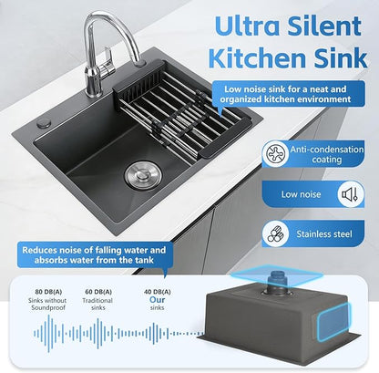 Black Kitchen Sink, Stainless Steel Single Bowl Sink, Drop In/Topmount Workstation Sink with Retractable Drain Basket, for Bar, Kitchen, Balcony, RV (21.6 * 17.7in)
