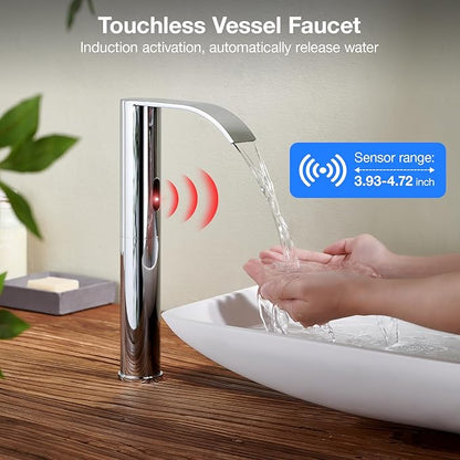 Charmingwater Touchless Bathroom Sink Faucet, Waterfall Vessel Bathroom Faucet with Automatic Sensor, Hands Free Sink Faucet, Tall Modern Lavatory Vanity Mixer Tap, Chrome