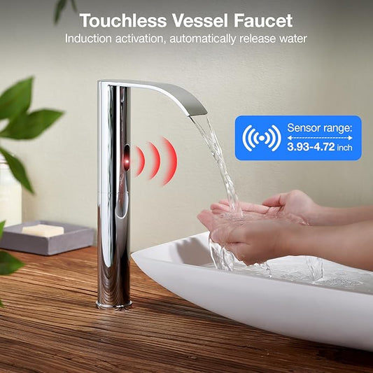 Charmingwater Touchless Bathroom Sink Faucet, Waterfall Vessel Bathroom Faucet with Automatic Sensor, Hands Free Sink Faucet, Tall Modern Lavatory Vanity Mixer Tap, Chrome