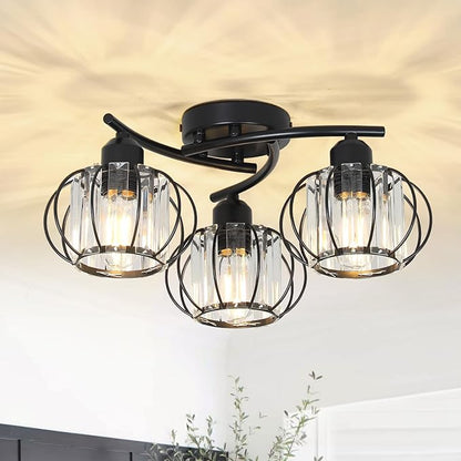 PAUFUL 3-Light Crystal Semi Flush Mount Ceiling Light,Black Modern Close to Ceiling Light Fixtures,Kitchen Light Fixtures with Clear Crystal Shade,Hallway Light Fixtures for Hallway Bedroom Bathroom