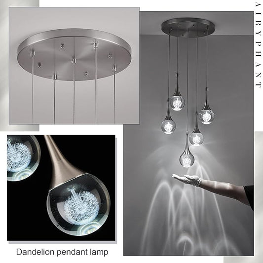 5 Lights Crystal Pendant Light, Brushed Nickel 25W Dimmable LED Teardrop Cluster Pendant Lighting Fixture for Dining Room Over Kitchen Island Bathroom Room Foyer Hallway Bedroom 6000k Cold White