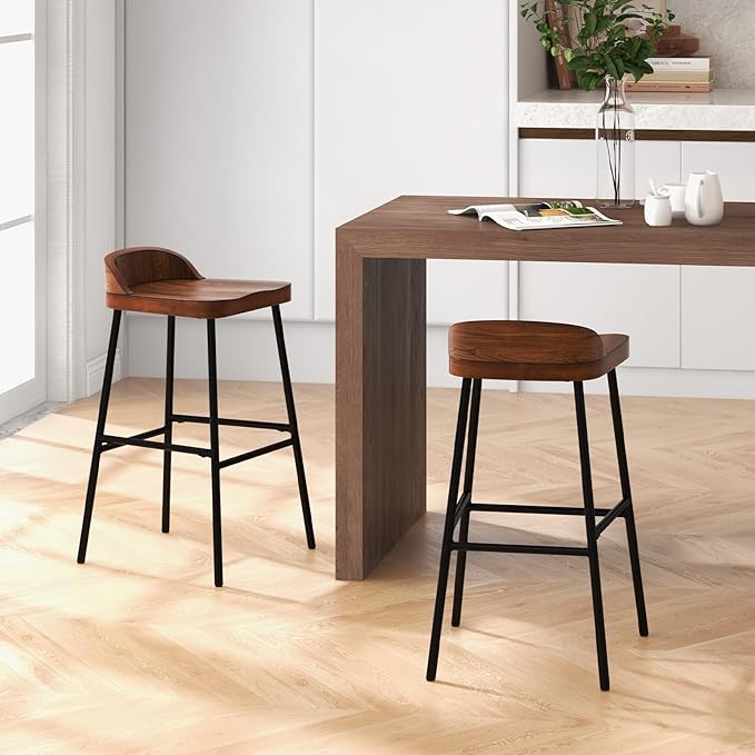 Giantex 29" Bar Height Bar Stools Set of 2, Industrial Wood Barstools with Metal Legs, Chic Low Back, Curved Seat Surface, Max Load 330 Lbs, Wooden Armless Bar Dining Chairs for Kitchen Island Pub