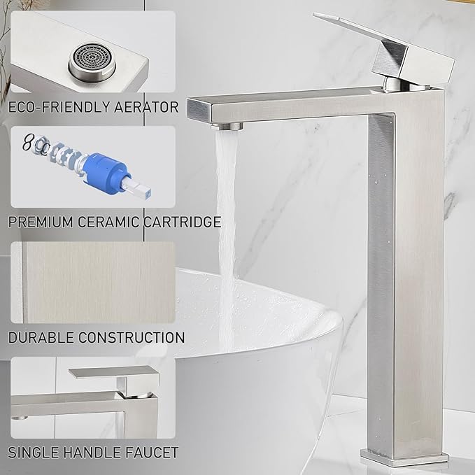 AVSIILE Vessel Sink Faucet, Brushed Nickel 1 Hole Single Handle Tall Bathroom Vanity Faucets, Modern Utility Rv Laundry Bath Restroom Mixer Tap with Metal Pop Up Drain and 2 Water Supply Lines