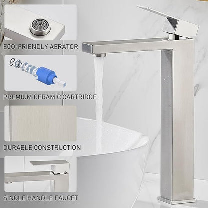 AVSIILE Vessel Sink Faucet, Brushed Nickel 1 Hole Single Handle Tall Bathroom Vanity Faucets, Modern Utility Rv Laundry Bath Restroom Mixer Tap with Metal Pop Up Drain and 2 Water Supply Lines