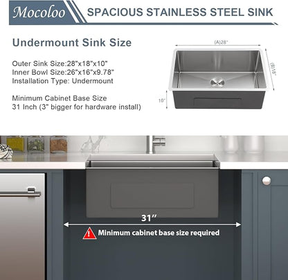 28 inch Undermount Sink - Mocoloo 28x18 inch Single Bowl Kitchen Sink Stainless Steel 16 Gauge Round Corner 10 inch deep with Accessories