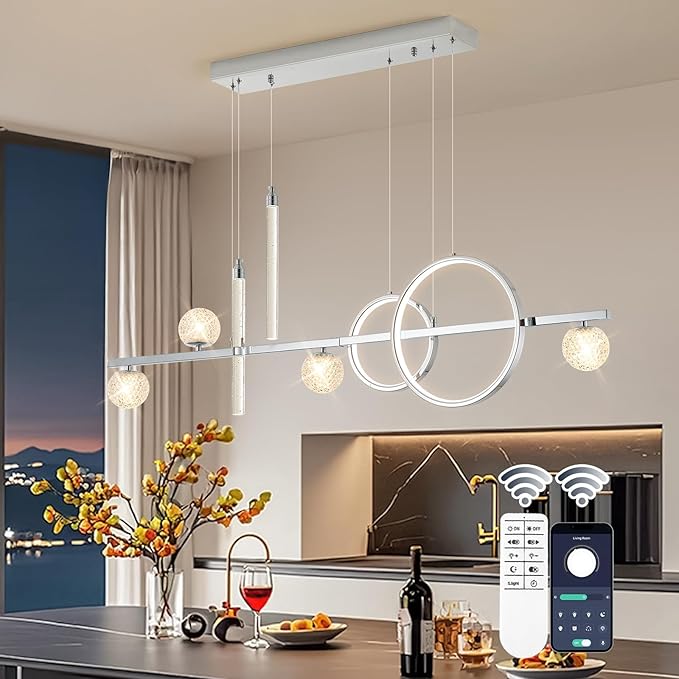 ORANOOR Modern LED Pendant Lights, Dimmable 47in Silver LED Chandelier Lighting, Upgraded Chrome Linear Dining Room Hanging Light Fixtures Kitchen Island Globe Pendant Light for Dining Table (4200lm)