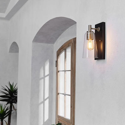 GLOBE Electric 65000045 1-Light Wall Sconce, Matte Black, Matte Brass Accents, Clear Glass Shade, Wall Lights for Living Room, Bedroom, Den, Apartment Essentials, Mounted Bedside Lamp