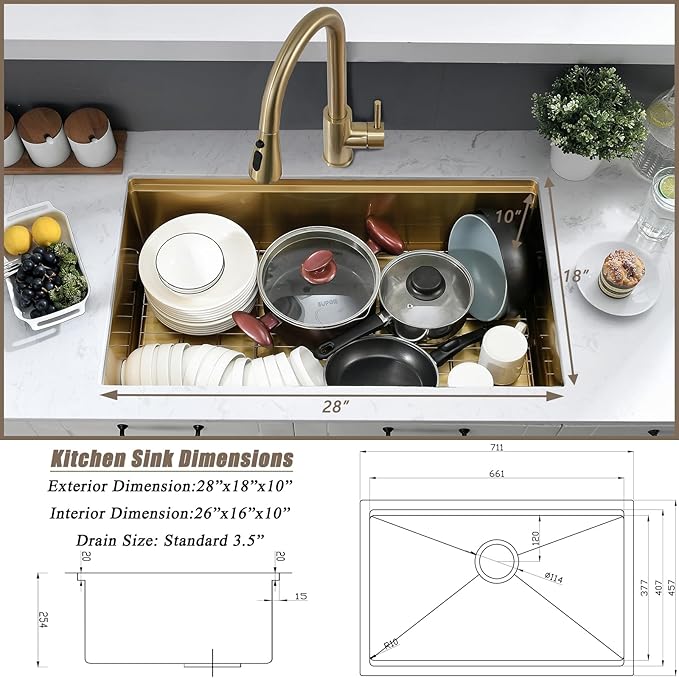 28 Inch Gold Undermount Kitchen Sink,28x18 Undermount Stainless Steel Kitchen Sink Brushed Gold Workstation 16 Gauge 10" Deep Single Bowl Kitchen Sinks with Accessories