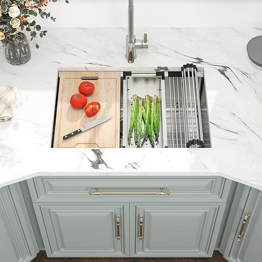 27 Undermount Kitchen Sink - Kichae 27"x19" Kitchen Sink Ledge Workstation Stainless Steel 18 Gauge Single Bowl Under Counter Sink Basin All In One Deep Sink With Cutting Board
